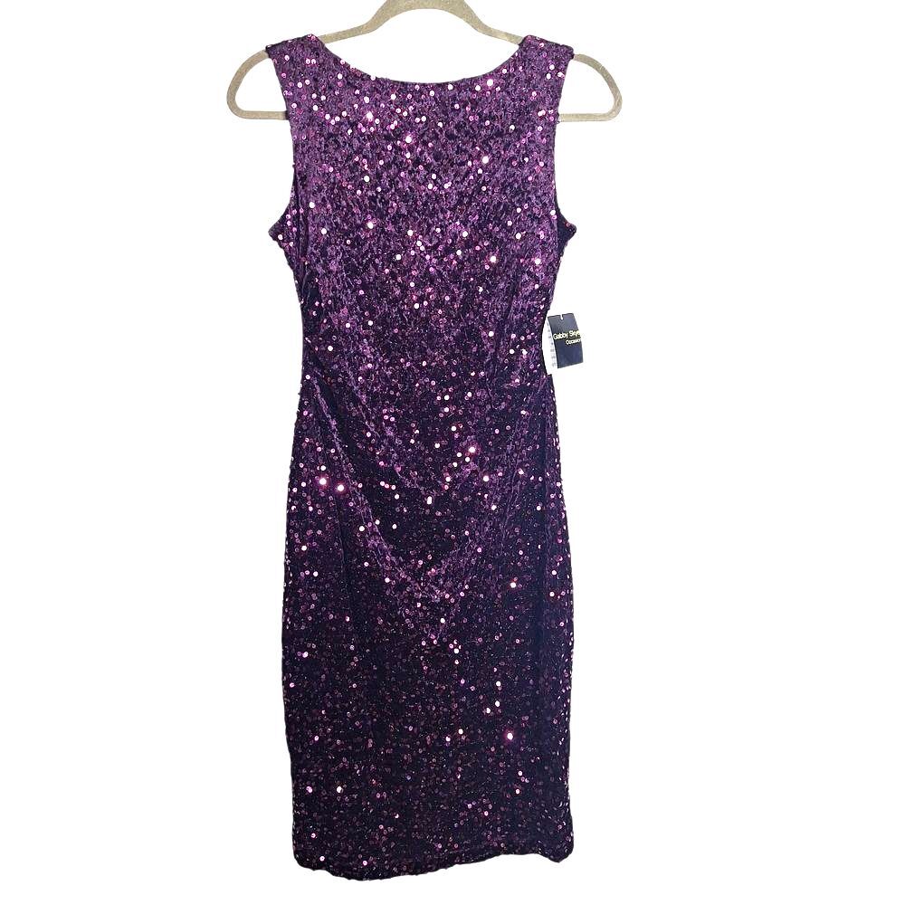 Gabby Skye Sequin Dress Sleeveless Purple Crushed Velvet Cocktail Size 4 Women